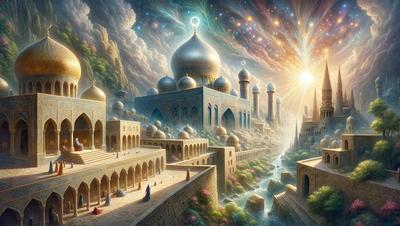 The primary subject of the image is a city with a large mosque and a palace. The city is set in a desert environment, with a sky background. The visual style of the image is digital art, featuring a detailed and intricate design. The colors and mood of the image are predominantly warm and earthy tones, creating a sense of mystery and wonder.